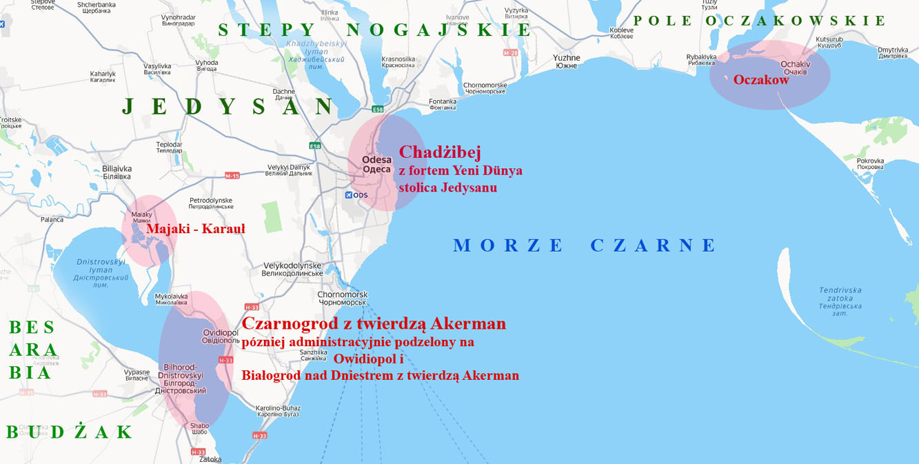 Map of the main cities, ports and fortifications of Yedisan on the Black Sea coast.