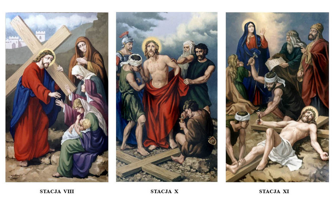 Serg Buczacki. Droga krzyżowa, Stacje 8, 10, 11. Kościół NMP Matki Miłosierdzia w Oleśnicy. Obrazy olejne Serg Buczacki. Droga krzyżowa, Stacje 8, 10, 11. Kościół NMP Matki Miłosierdzia w Oleśnicy. Obrazy olejne