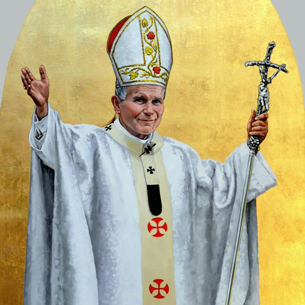 Serg Buczacki. Św. Jan Paweł II. Obraz olejny, drewno, złocenie.