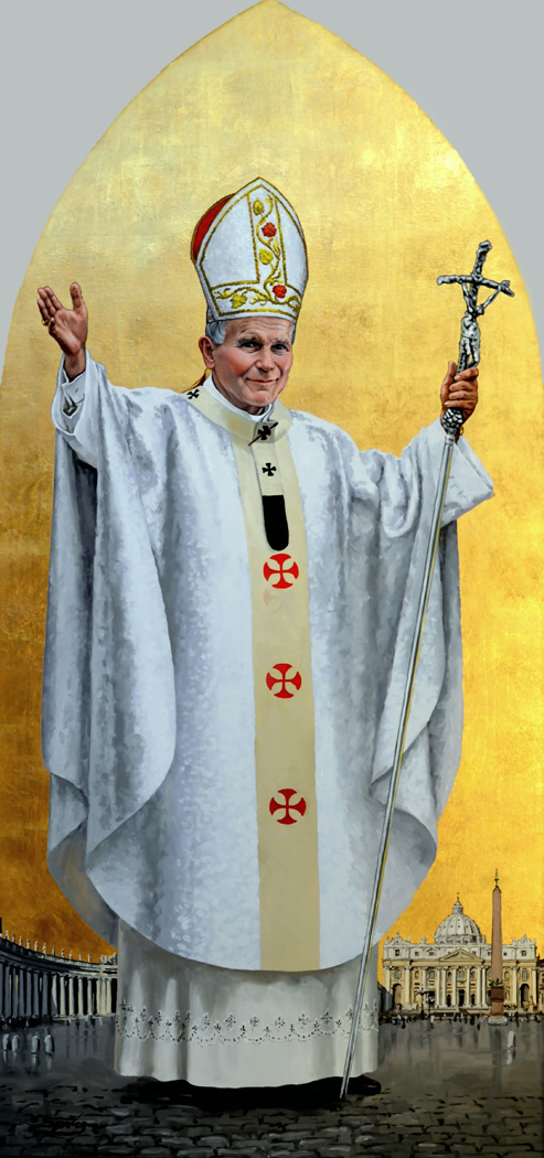 Serg Buczacki. Św. Jan Paweł II. Obraz olejny, drewno, złocenie.